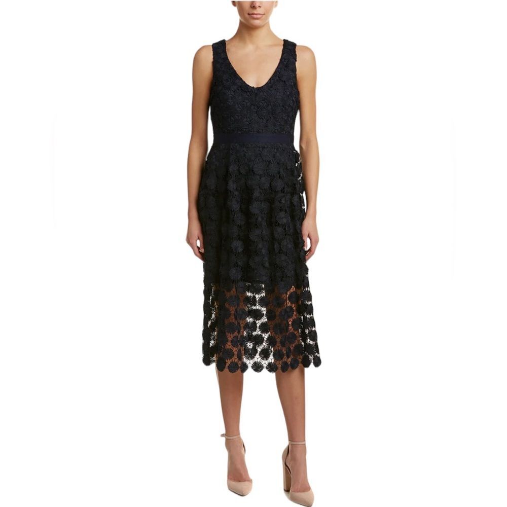 Trina Turk Ceiba Midi Dress. Sleeveless Crochet Flower Overlay. Navy Blue. 6.